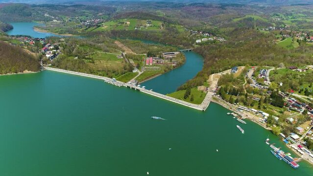 Water Dam On Solina Lake Bieszczady Mountains Aerial View Poland