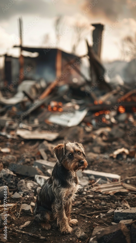 Poster a small dog sitting on a pile of rubble in front of a building. generative ai.