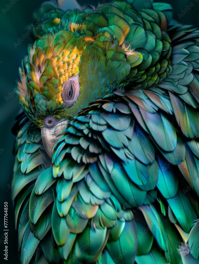 Poster a close up of a bird with a lot of feathers on it. generative ai.