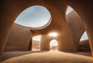 sand-colored, futuristic-looking architecture with circular holes that resemble eyes. The background is a white sky and sand dunes - 777764851