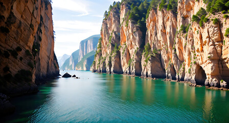 A river flowing through a narrow canyon with steep cliffs on either side. - obrazy, fototapety, plakaty
