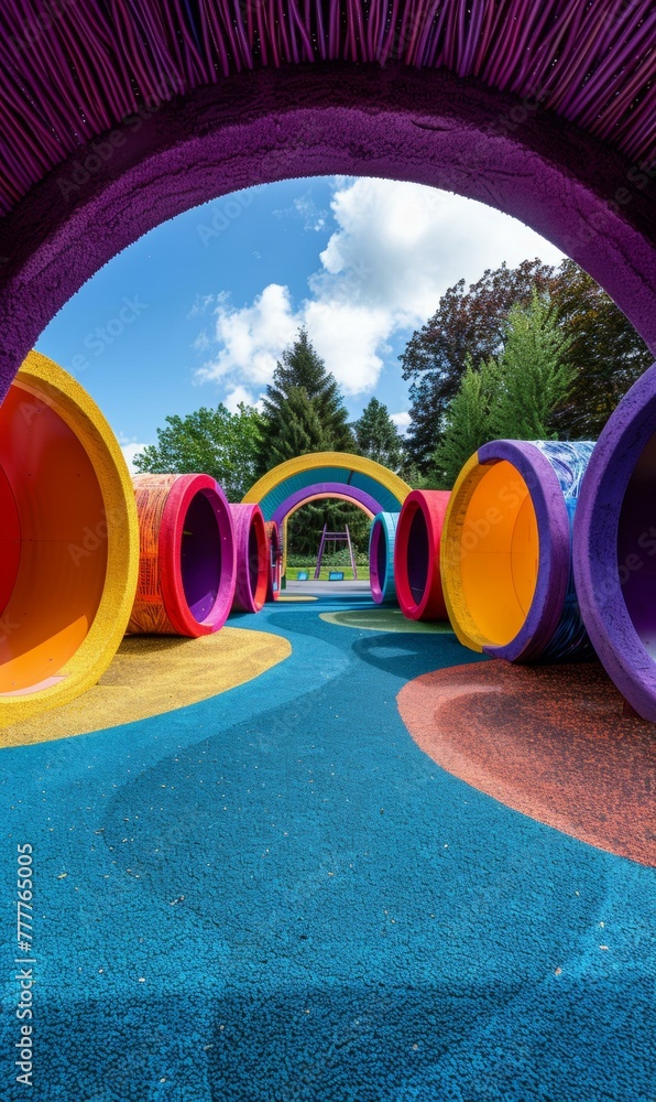 Poster a colorful tunnel with a blue sky and trees in the background. generative ai.