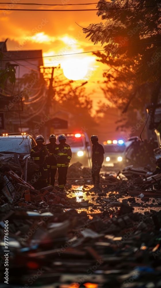 Poster a group of firefighters are standing in a pile of rubble. generative ai.