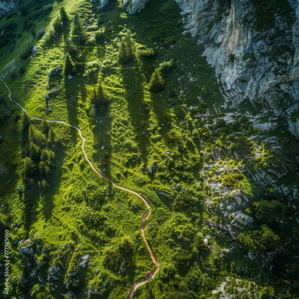 Poster a view of a mountain with a trail running through it. generative ai.