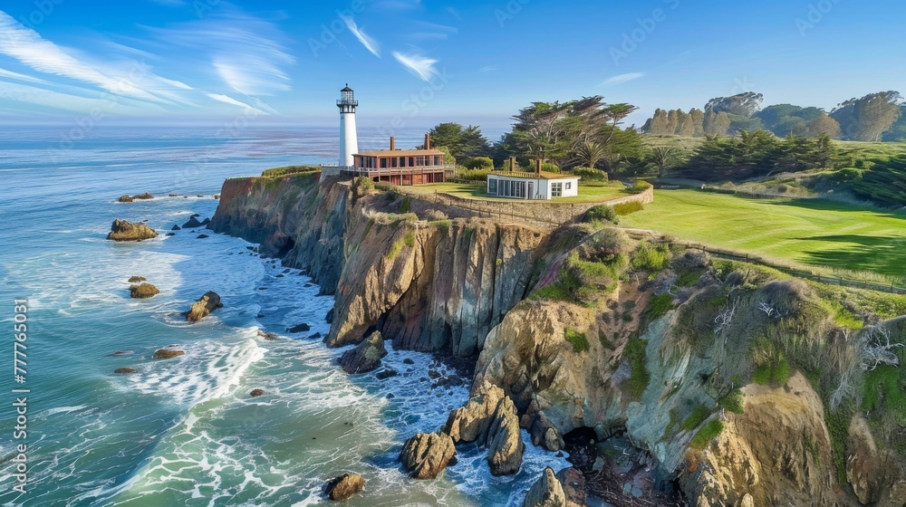 Poster a lighthouse sits on top of a cliff overlooking the ocean. generative ai.