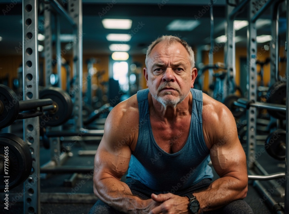 Poster a man in a gym squatting with weights on his back. generative ai.