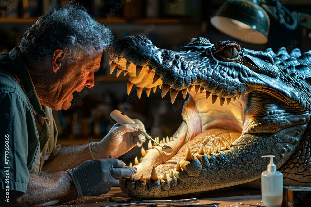 Poster a man is working on a large alligator's teeth. generative ai.