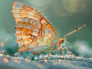 A butterfly sitting on a leaf with water droplets covering it. AI.
