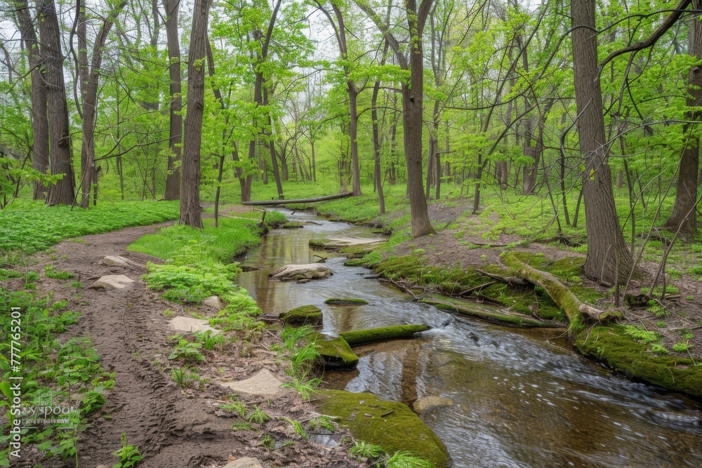 Poster a stream running through a forest with a path leading to it. generative ai.