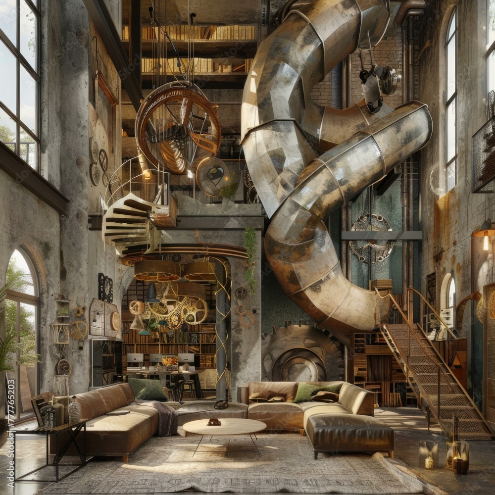 Poster a large room with a large spiral staircase and a large couch. generative ai.