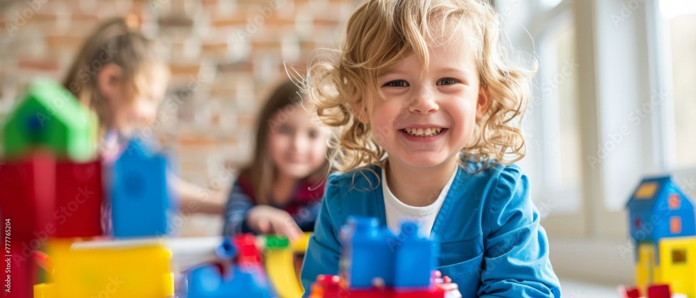 Poster a little girl smiling while playing with a bunch of toys. generative ai.