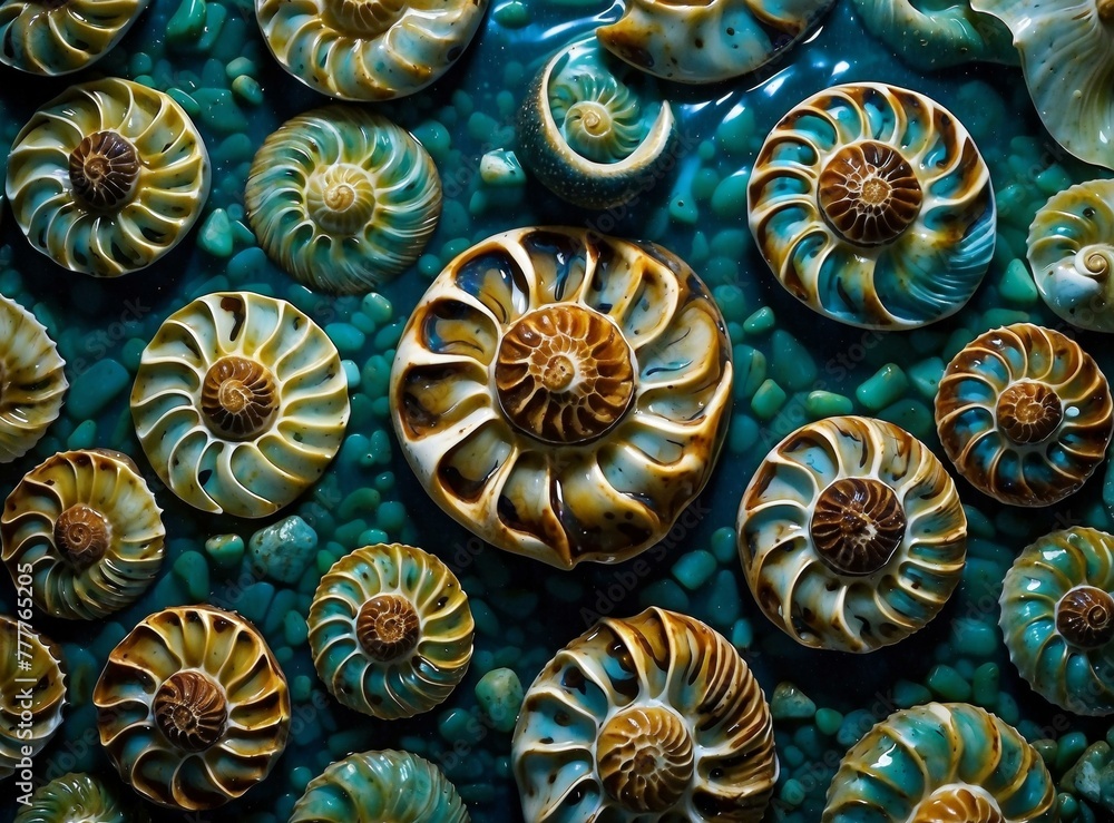 Poster a close up of a bunch of shells on top of some rocks. generative ai.