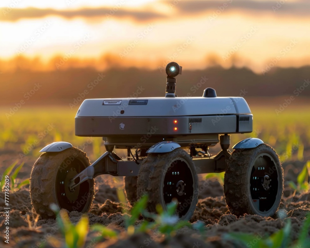 Poster a small robot is sitting in a field with the sun setting. generative ai.