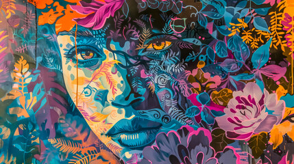 Fototapeta premium Vibrant street art mural of abstract faces
