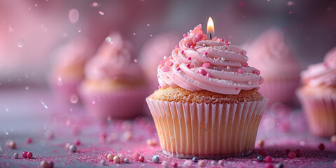 Douceur ColoréeDélice Sucré : Cupcakes Garnis de Crème Fondante : Assortiment de Cupcakes Décorés bougie et bonbons - obrazy, fototapety, plakaty