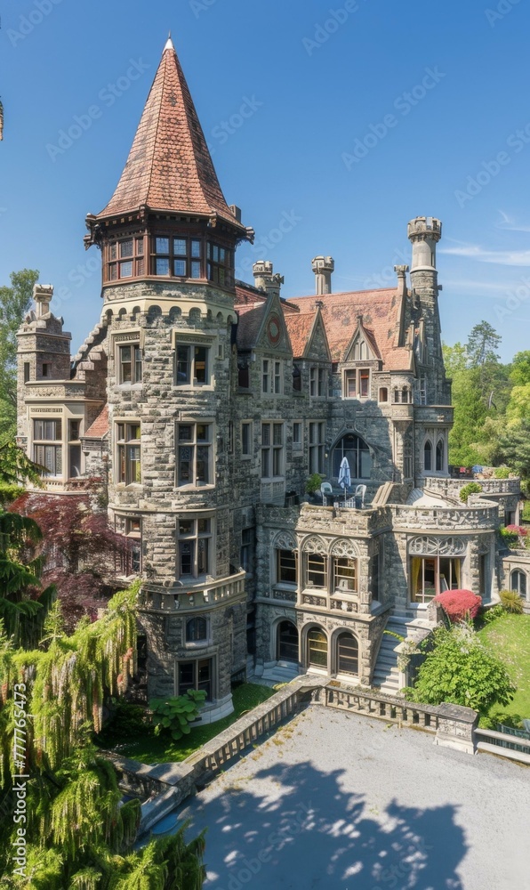 Poster a large castle-like building with a tower and a driveway. generative ai.