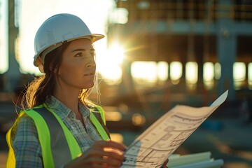 A woman in a hard hat holding up some papers. - obrazy, fototapety, plakaty