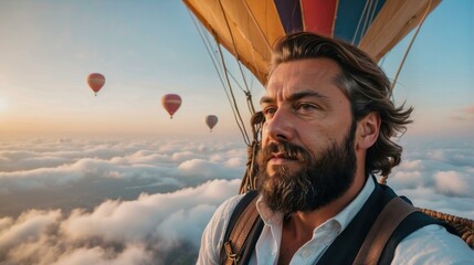 A bearded man is flying in a hot air balloon. Generative AI. - Powered by Adobe