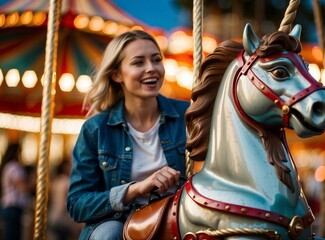 Fototapeta na wymiar A woman riding a merry go round horse at night. Generative AI.