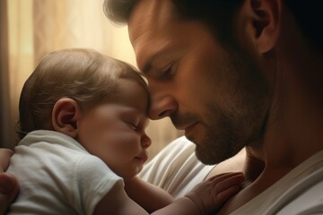 In the bedroom, a heartwarming scene of father and baby, epitomizing the joys of parenthood.