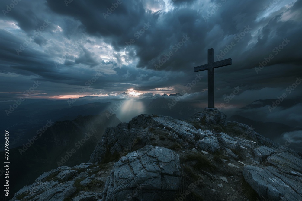 Canvas Prints A cross on top of a mountain with a cloudy sky. Generative AI.