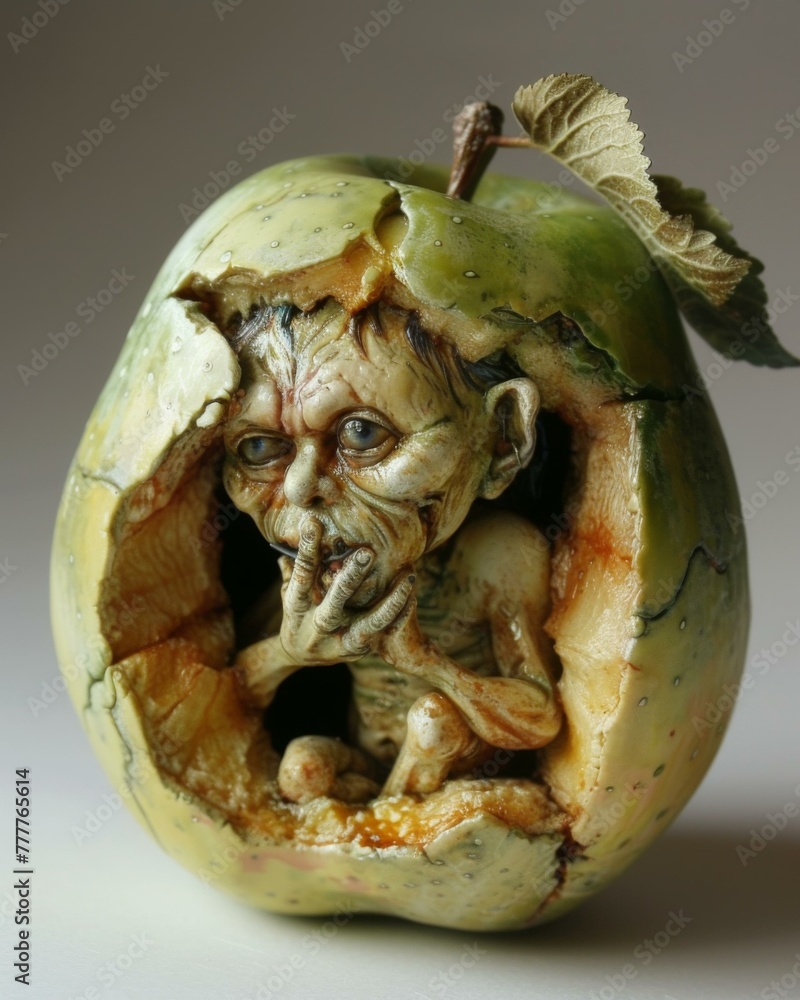 Poster a close up of a carved apple with an image in it.