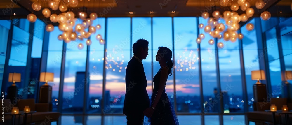 Poster a couple standing in front of a large window with lights. ai.