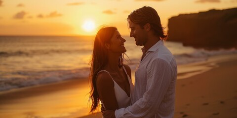 A man and woman standing on a beach at sunset.