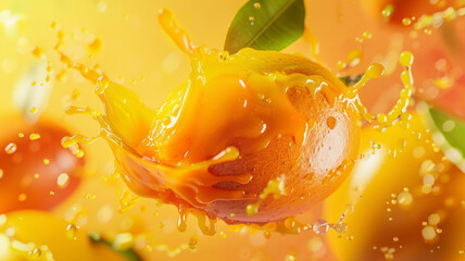 Mango Splash: Ripe Mangoes in Juicy Explosion on Yellow Background