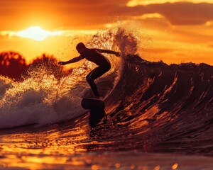 A surfer riding a wave at sunset with the sun setting. AI.