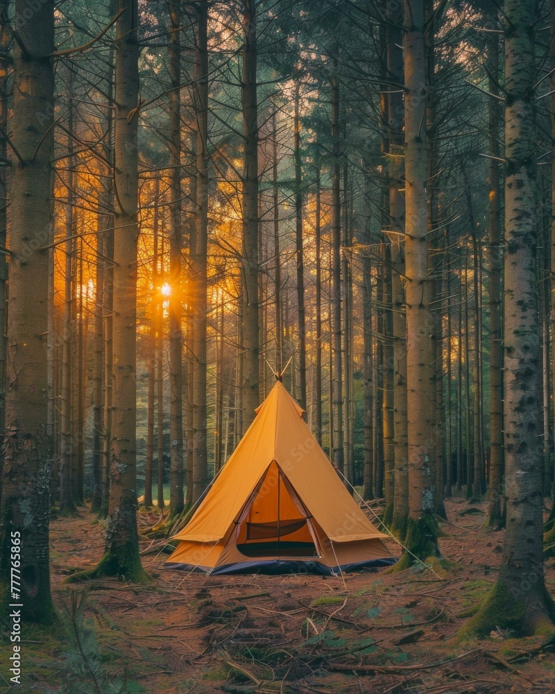 Poster a tent in the middle of a forest with trees around it. ai.