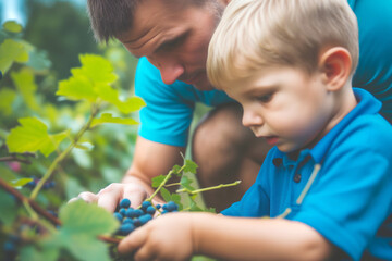 Father and son harvesting grapes in vineyard, concept of children's assistance to parents