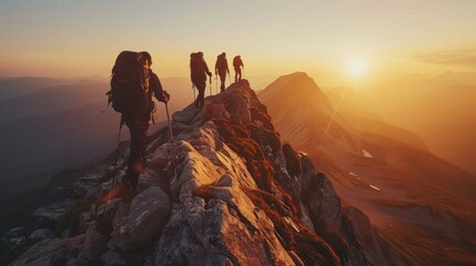 A group of people hiking up a mountain with their backpacks. AI. - obrazy, fototapety, plakaty