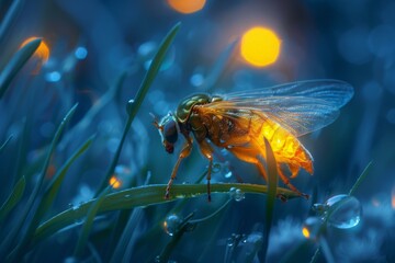 A bee with glowing eyes on a blade of grass. AI. - obrazy, fototapety, plakaty