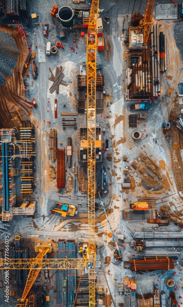 Poster an overhead view of a construction site with cranes and trucks. generative ai.