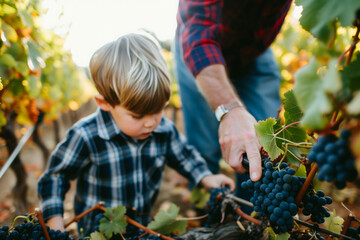 Father and son harvesting grapes in vineyard. Selective focus