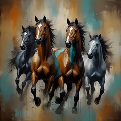Modern abstract painting, metal elements, textured background, horses, animals... HD AND 3D PIC