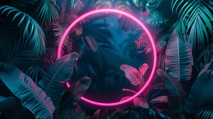 Lush tropical setting with broad leaves illuminated by a neon pink circular light, creating a moody and vibrant atmosphere - obrazy, fototapety, plakaty