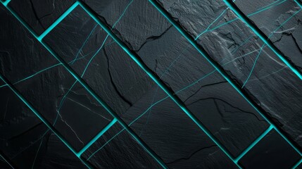 Sleek dark slate tile design framed by vibrant teal lines. Modern stone tile layout with geometric teal accents.