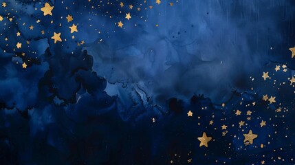 Fototapeta premium Dark blue background with gold stars and splatters. Elegant navy backdrop with gold star pattern. Royal blue canvas with shimmering gold details