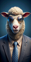 Sheep Wearing Sunglasses and Suit with Tie.