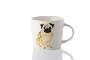 cup with a pug drawn on it on a white background.Isolate