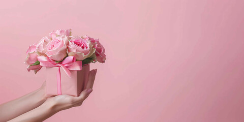 Roses and Gift: Beautiful Present on Pink Background