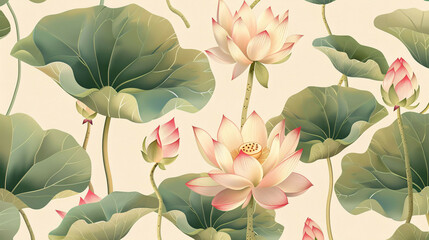 Vintage Lotus: Hyper Realistic Illustration on Beige Seamless Wallpaper