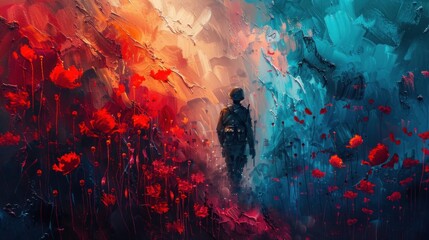 Anzac Day Tribute: Soldier Amidst Red Poppies - Abstract Art for Lest We Forget - AI Generated Concept - obrazy, fototapety, plakaty