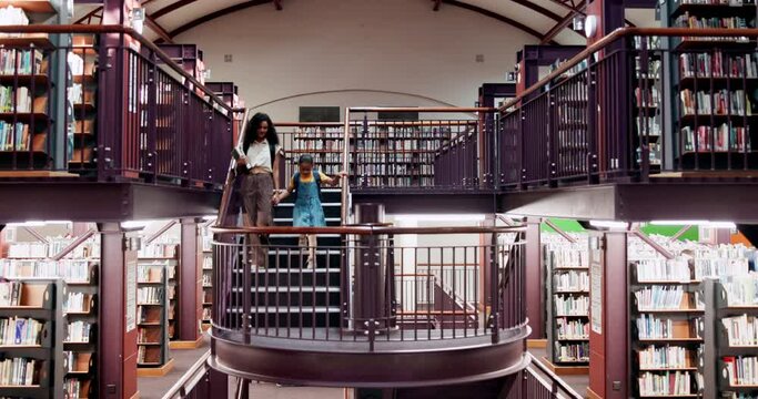 Library, child and woman with books for student and information, learning and knowledge for academic assignment. Sibling, education resources and research literature for reading homework with stairs