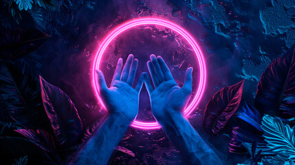 neon light with a round sphere with a neon glow. - obrazy, fototapety, plakaty