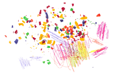 Colorful wax pastel spiral shavings from sharpener, pieces and scribble, isolated on white 