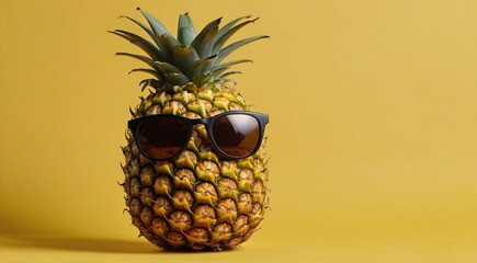 A pineapple wearing sunglasses on a yellow background.

