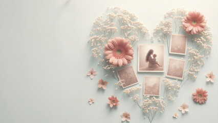 Flowers and photo frame on pink background, top view, copy space